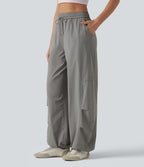 High Waisted Drawstring Parachute Casual Trousers with Pockets — Mourning Dove — view 5