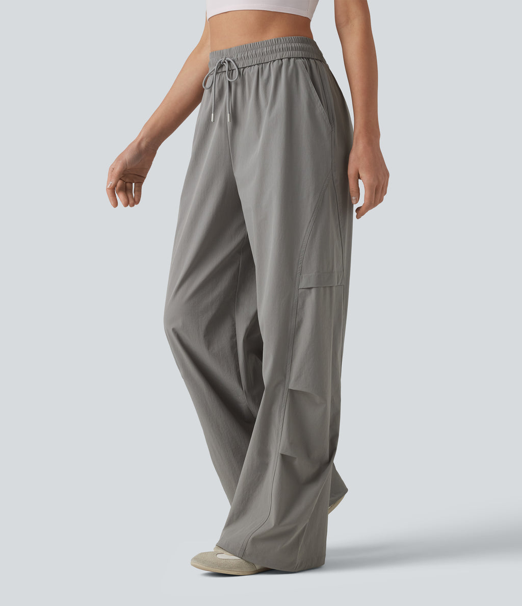 High Waisted Drawstring Parachute Casual Trousers with Pockets — Mourning Dove — view 4
