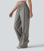 High Waisted Drawstring Parachute Casual Trousers with Pockets — Mourning Dove — view 4