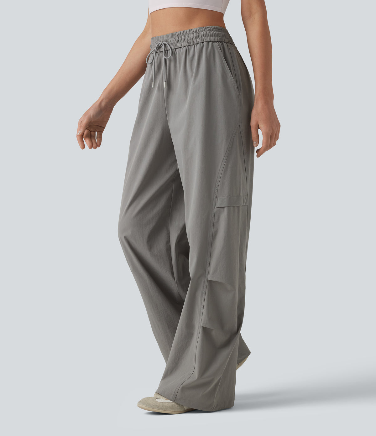 High Waisted Drawstring Parachute Casual Trousers with Pockets — Mourning Dove — view 4