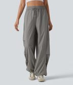 High Waisted Drawstring Parachute Casual Trousers with Pockets — Mourning Dove — view 2