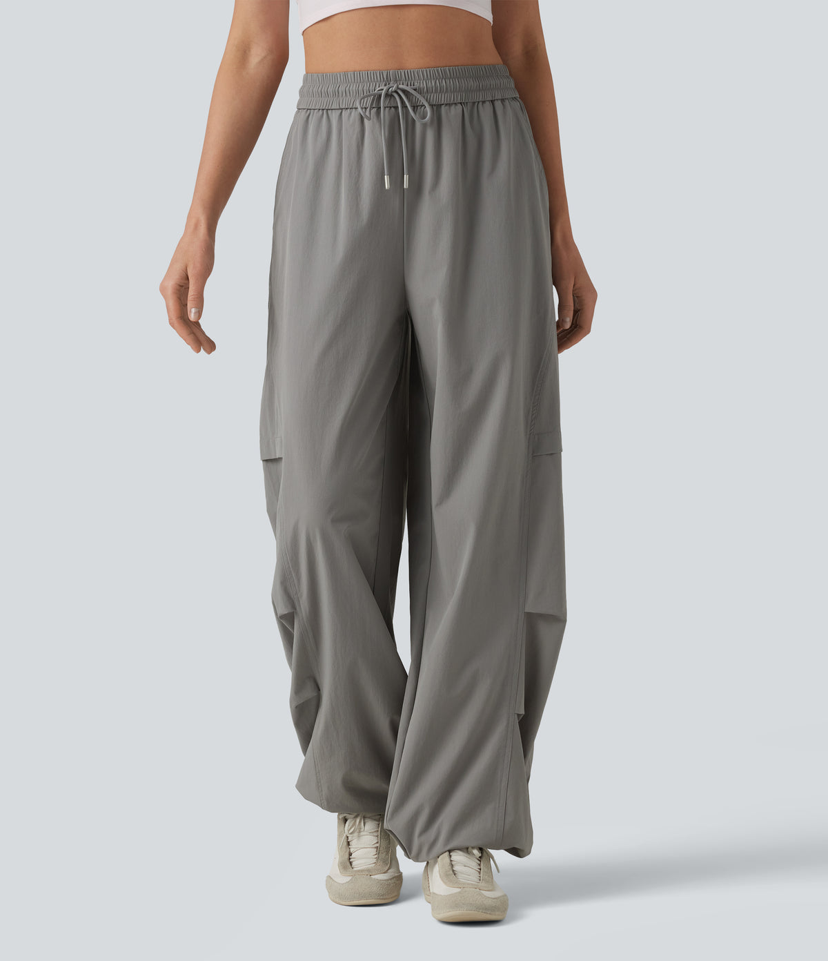 High Waisted Drawstring Parachute Casual Trousers with Pockets — Mourning Dove — view 2