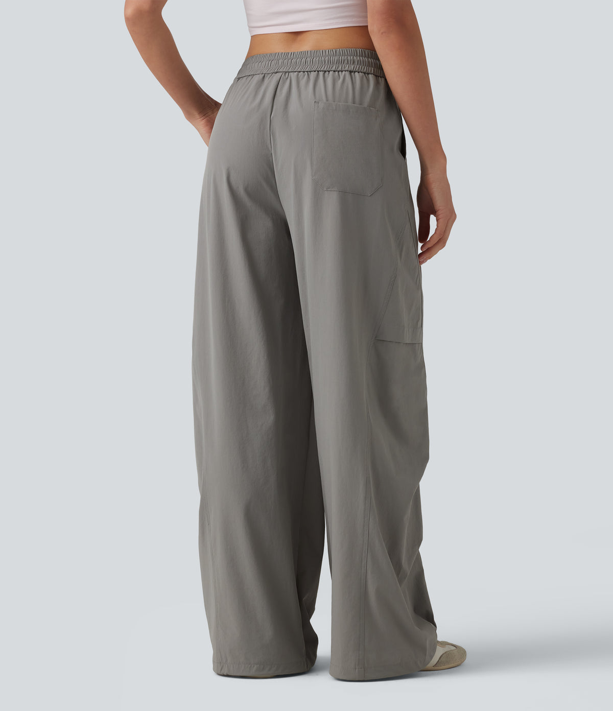 High Waisted Drawstring Parachute Casual Trousers with Pockets — Mourning Dove — view 3