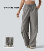 High Waisted Drawstring Parachute Casual Trousers with Pockets — Mourning Dove — view 1