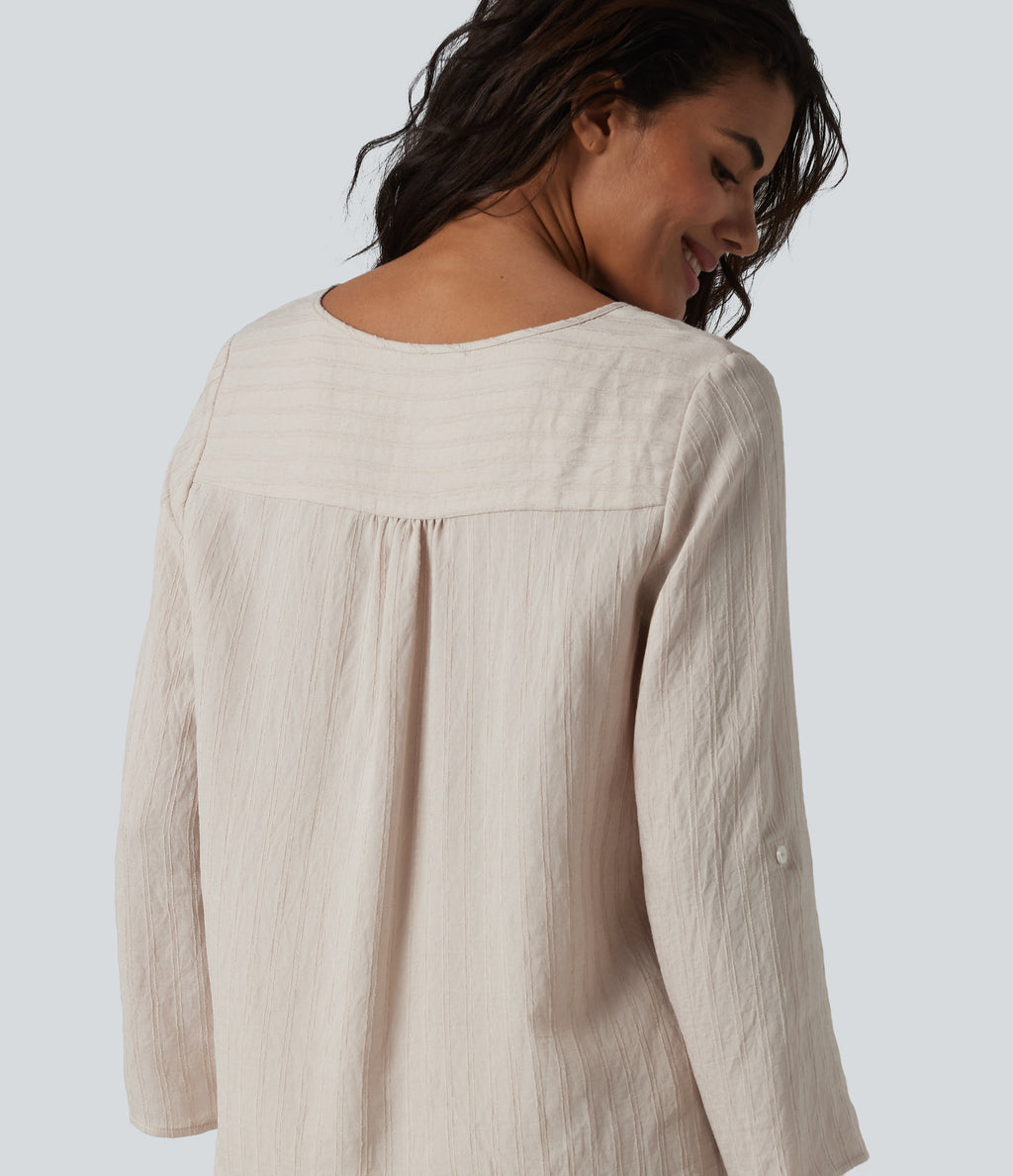 V-neck Roll Up Sleeve Linen-Blend Casual Top — Silver Gray — view 7
