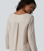 V-neck Roll Up Sleeve Linen-Blend Casual Top — Silver Gray — view 7