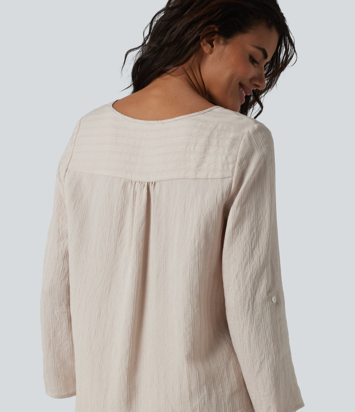 V-neck Roll Up Sleeve Linen-Blend Casual Top — Silver Gray — view 7