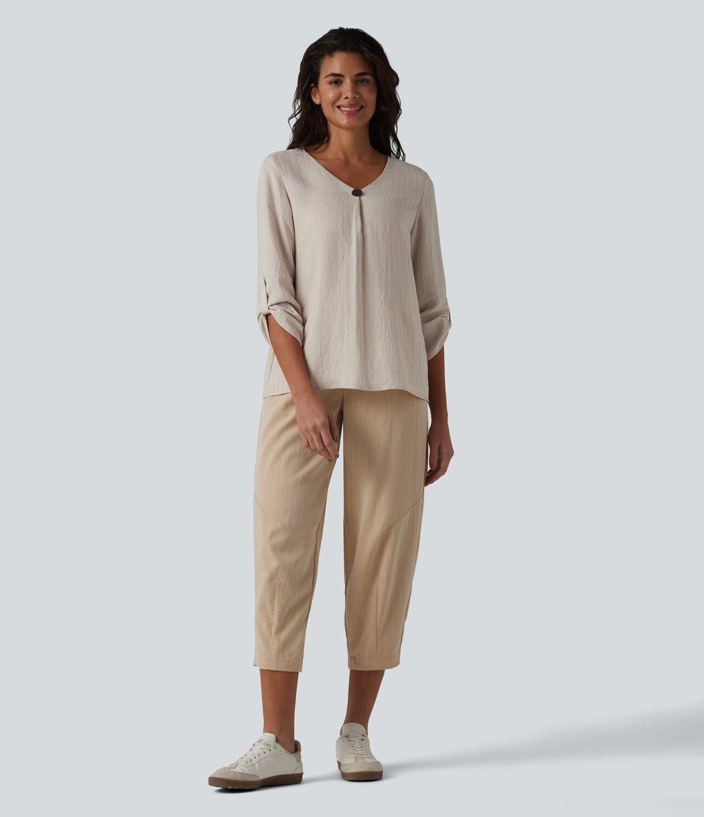 V-neck Roll Up Sleeve Linen-Blend Casual Top — Silver Gray — view 8