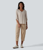 V-neck Roll Up Sleeve Linen-Blend Casual Top — Silver Gray — view 8