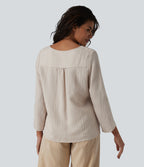 V-neck Roll Up Sleeve Linen-Blend Casual Top — Silver Gray — view 2