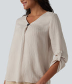 V-neck Roll Up Sleeve Linen-Blend Casual Top — Silver Gray — view 6