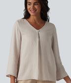 V-neck Roll Up Sleeve Linen-Blend Casual Top — Silver Gray — view 1