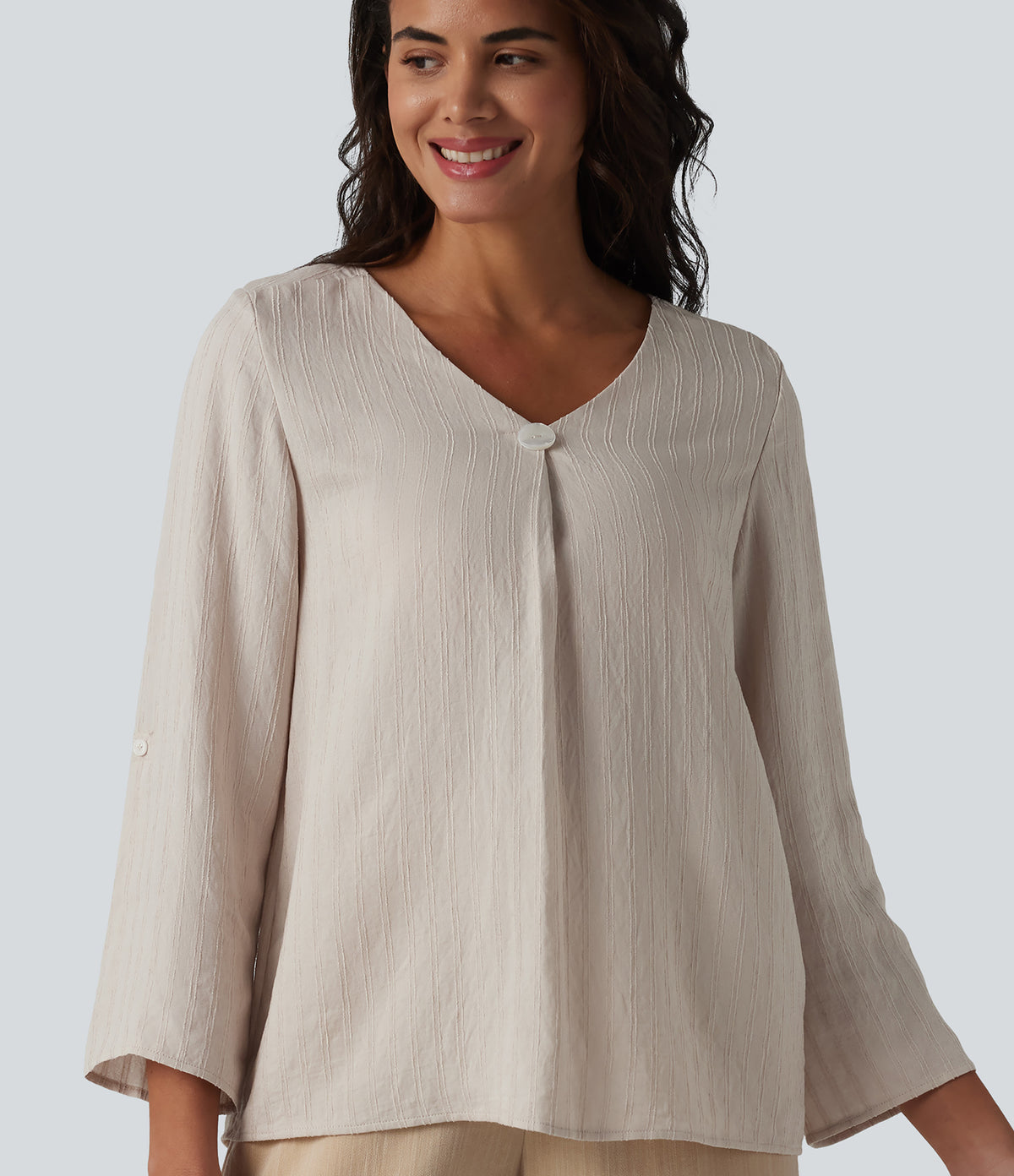 V-neck Roll Up Sleeve Linen-Blend Casual Top — Silver Gray — view 1