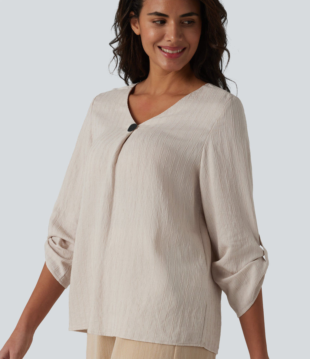 V-neck Roll Up Sleeve Linen-Blend Casual Top — Silver Gray — view 5
