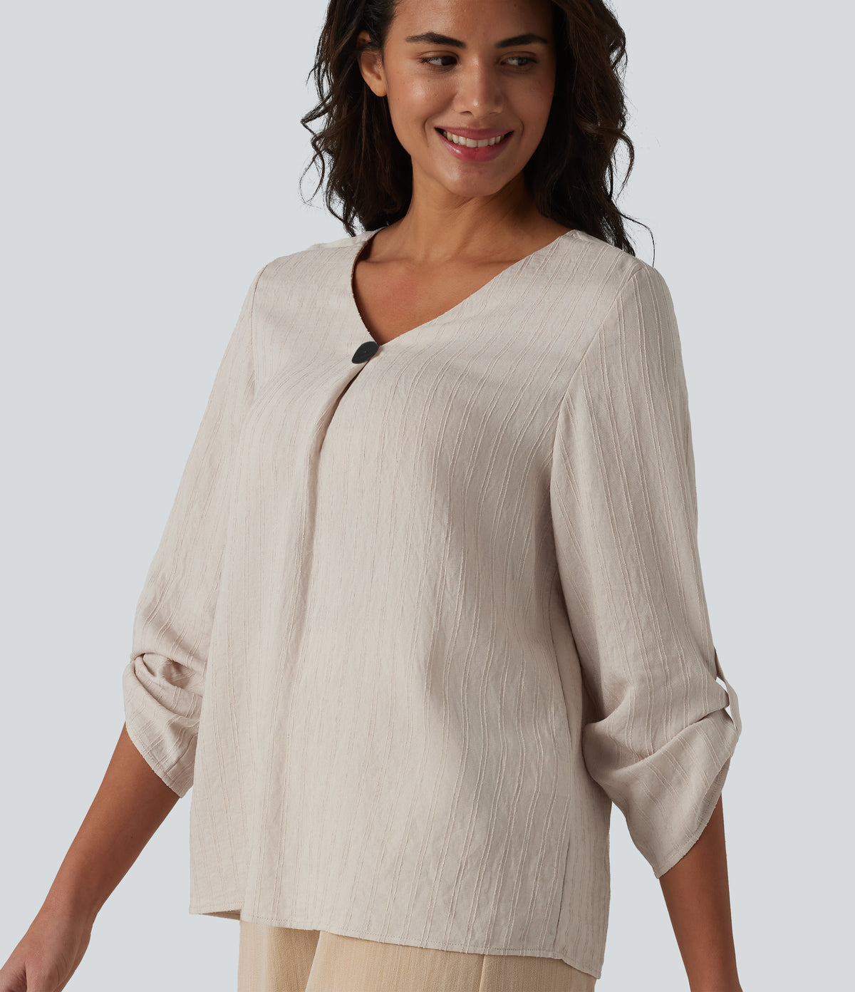 V-neck Roll Up Sleeve Linen-Blend Casual Top — Silver Gray — view 5