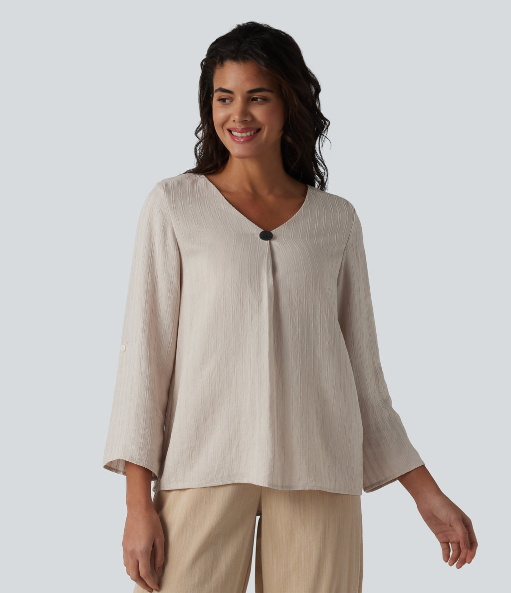 V-neck Roll Up Sleeve Linen-Blend Casual Top — Silver Gray — view 4