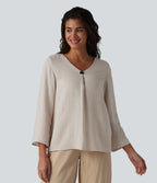 V-neck Roll Up Sleeve Linen-Blend Casual Top — Silver Gray — view 4