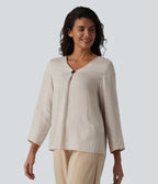 V-neck Roll Up Sleeve Linen-Blend Casual Top — Silver Gray — view 3