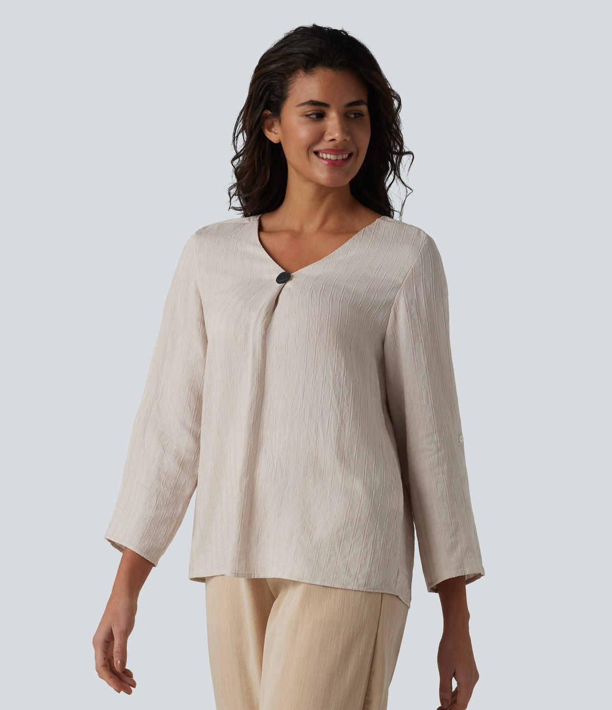 V-neck Roll Up Sleeve Linen-Blend Casual Top — Silver Gray — view 3