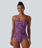 Square Neck Built-in Bra Tummy Control Drawstring Leopard Print One-Piece Swimsuit — Leopard Print Red — view 3
