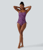 Square Neck Built-in Bra Tummy Control Drawstring Leopard Print One-Piece Swimsuit — Leopard Print Red — view 6