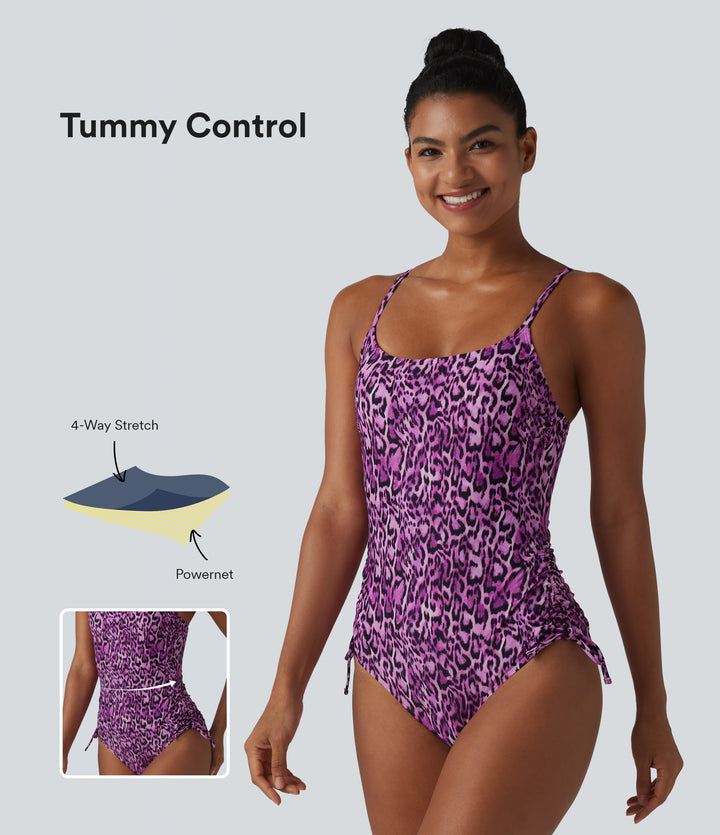 Square Neck Built-in Bra Tummy Control Drawstring Leopard Print One-Piece Swimsuit — Leopard Print Red — view 1