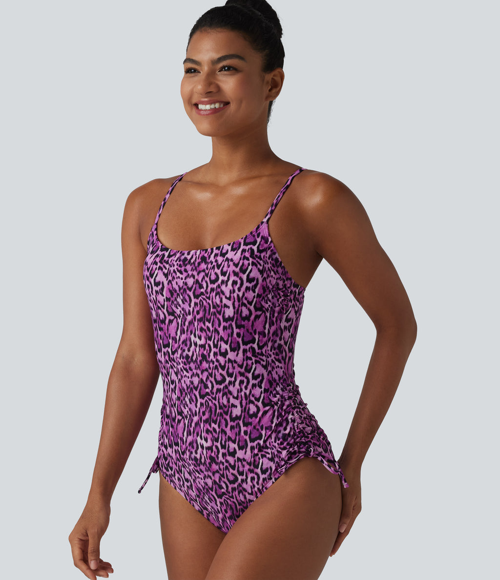Square Neck Built-in Bra Tummy Control Drawstring Leopard Print One-Piece Swimsuit — Leopard Print Red — view 4
