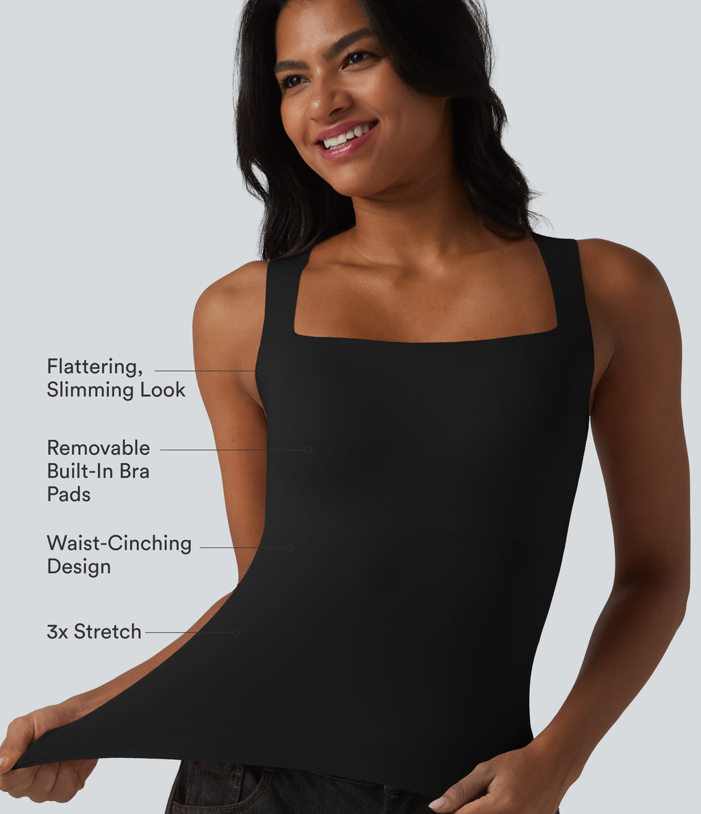 Square Neck Built-in Bra Casual Tank Top B-E Cups — Black — view 2