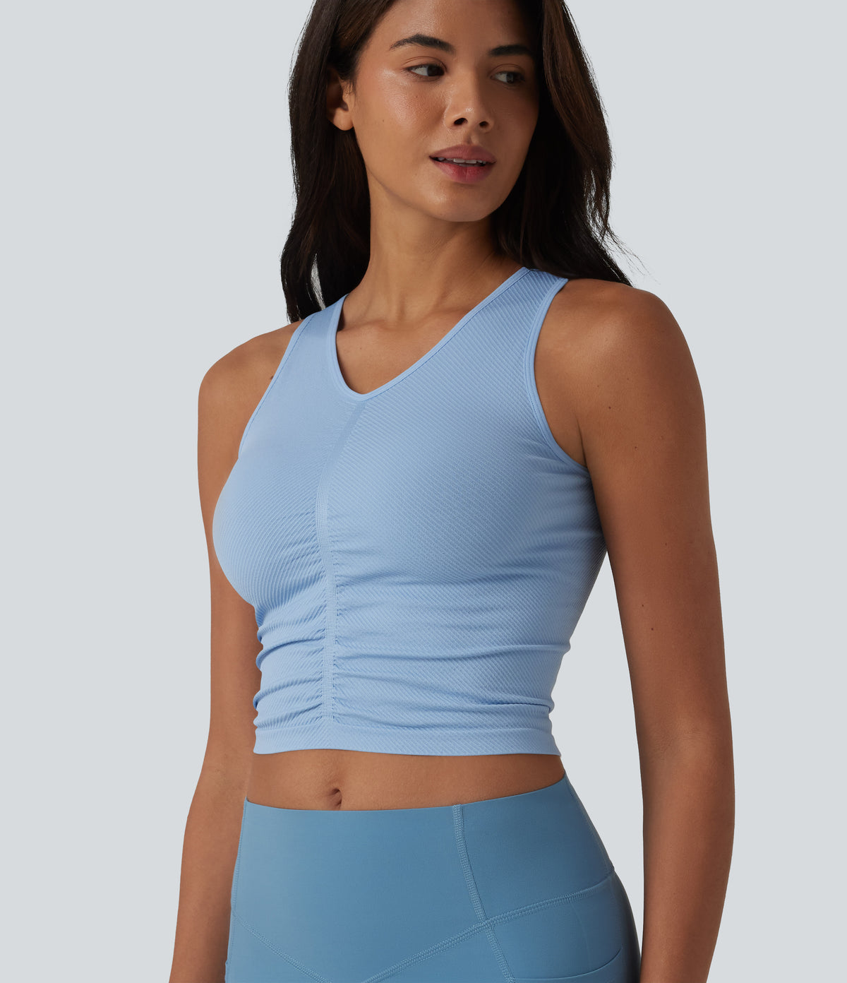 OneForm Seamless Flow V Neck Ruched Cropped Yoga Tank Top — Chambray Blue — view 1