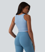 OneForm Seamless Flow V Neck Ruched Cropped Yoga Tank Top — Chambray Blue — view 2