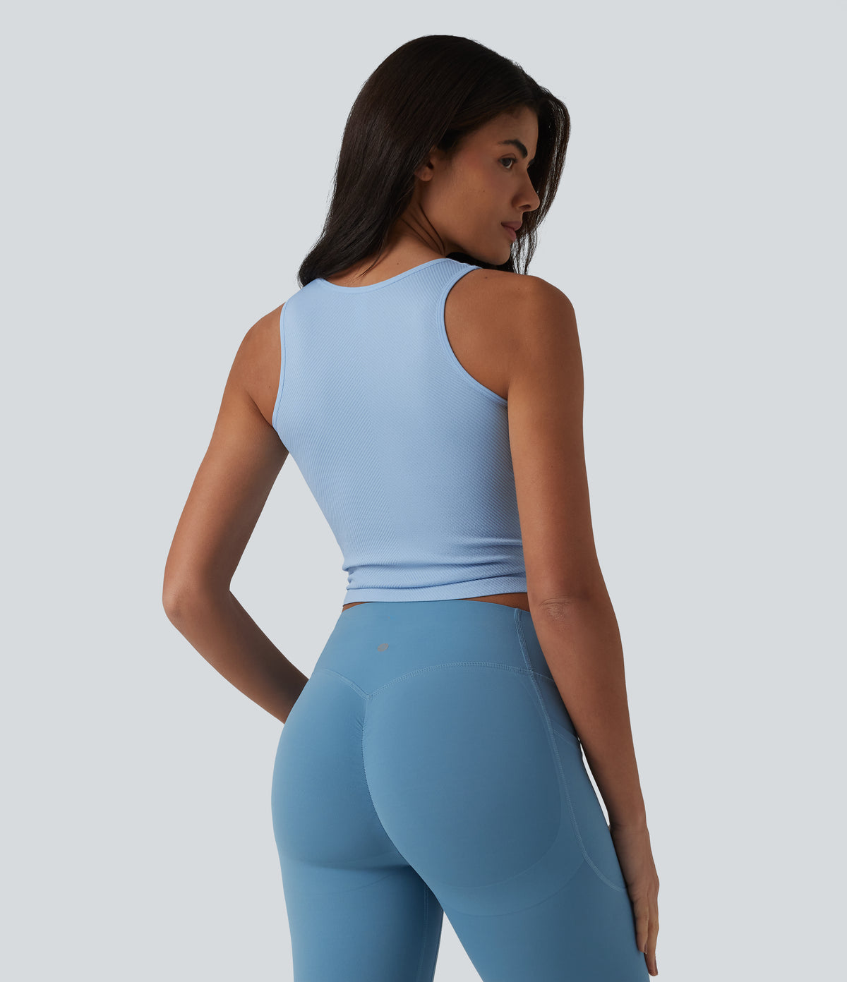 OneForm Seamless Flow V Neck Ruched Cropped Yoga Tank Top — Chambray Blue — view 2