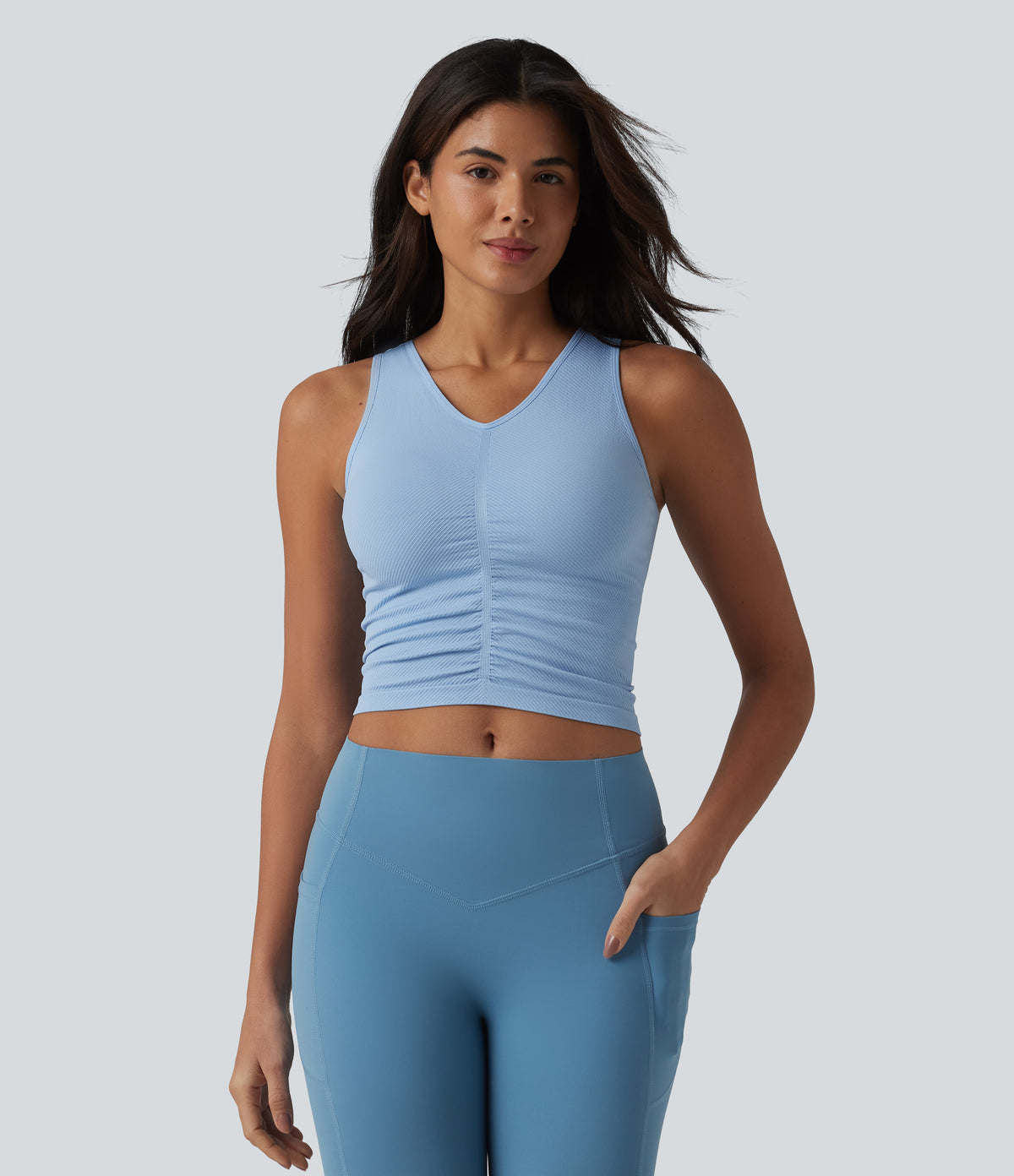 OneForm Seamless Flow V Neck Ruched Cropped Yoga Tank Top — Chambray Blue — view 3