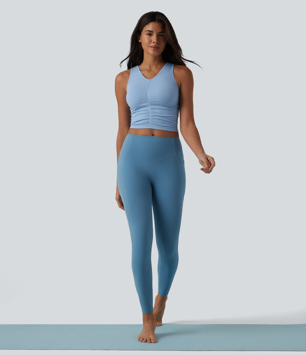 OneForm Seamless Flow V Neck Ruched Cropped Yoga Tank Top — Chambray Blue — view 5