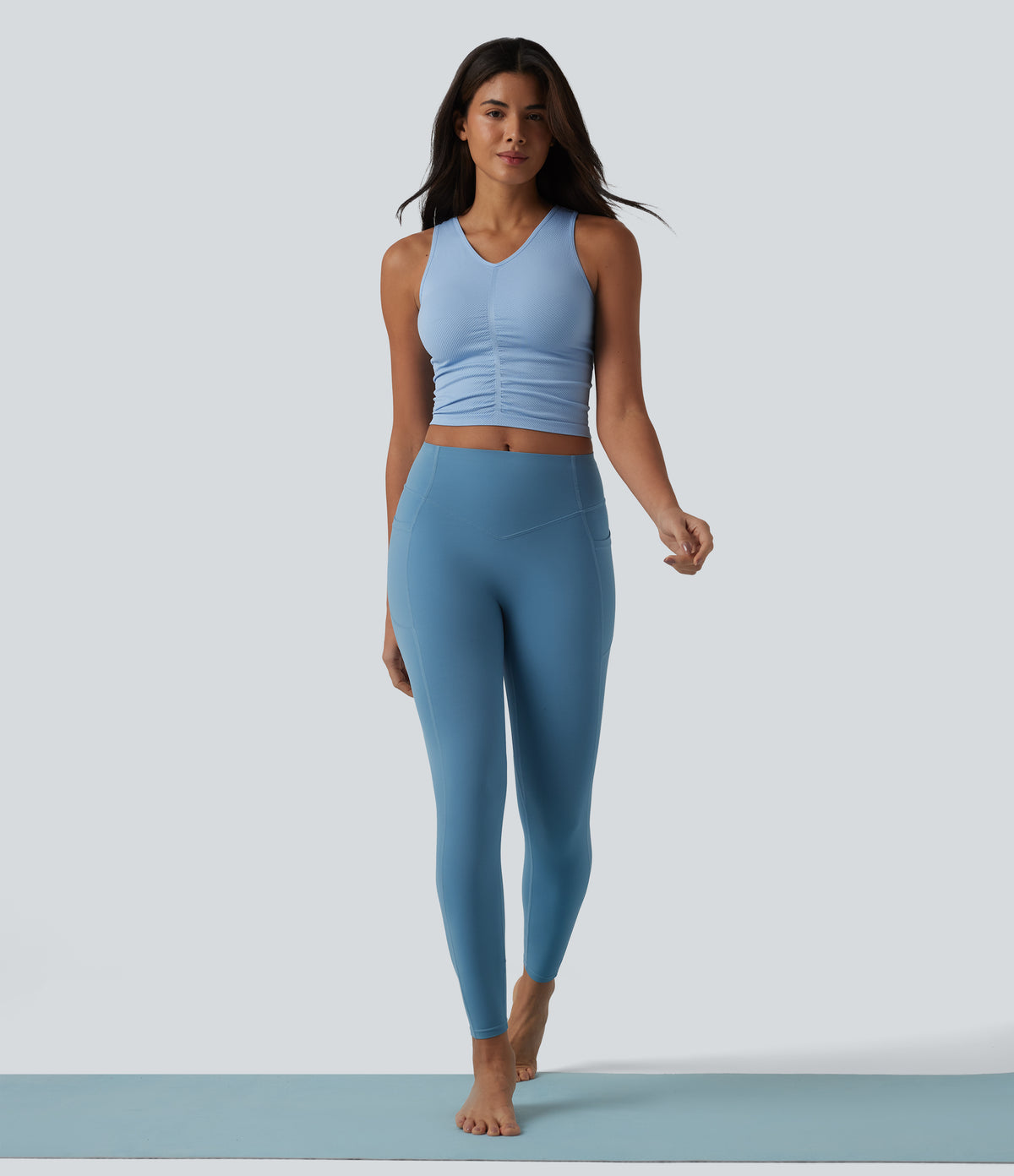 OneForm Seamless Flow V Neck Ruched Cropped Yoga Tank Top — Chambray Blue — view 5