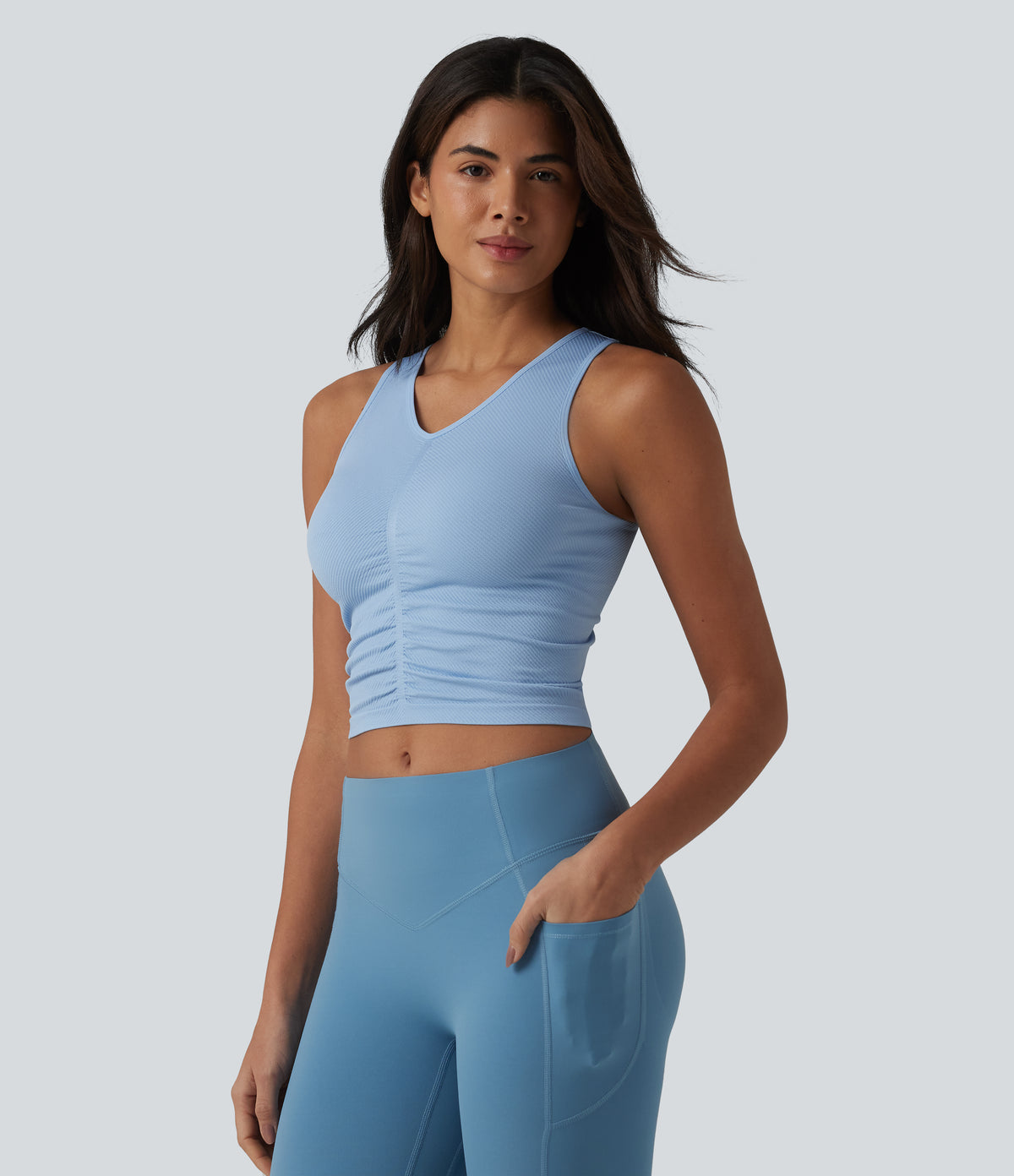 OneForm Seamless Flow V Neck Ruched Cropped Yoga Tank Top — Chambray Blue — view 4