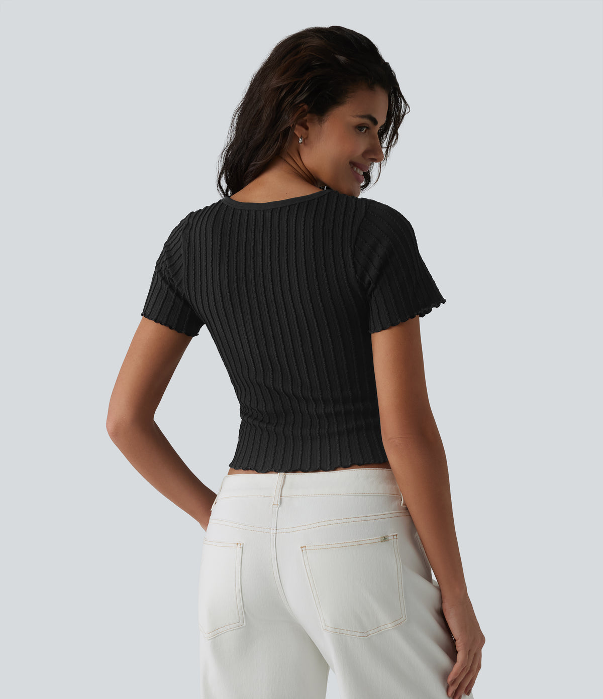 OneForm Seamless Flow Round Neck Short Sleeve Cropped Casual T-Shirt — Black — view 2