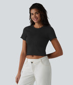 OneForm Seamless Flow Round Neck Short Sleeve Cropped Casual T-Shirt — Black — view 4