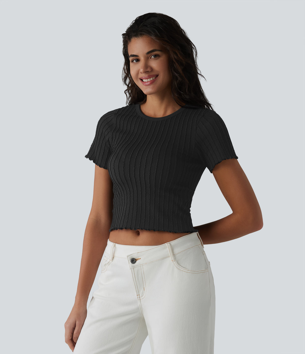 OneForm Seamless Flow Round Neck Short Sleeve Cropped Casual T-Shirt — Black — view 4