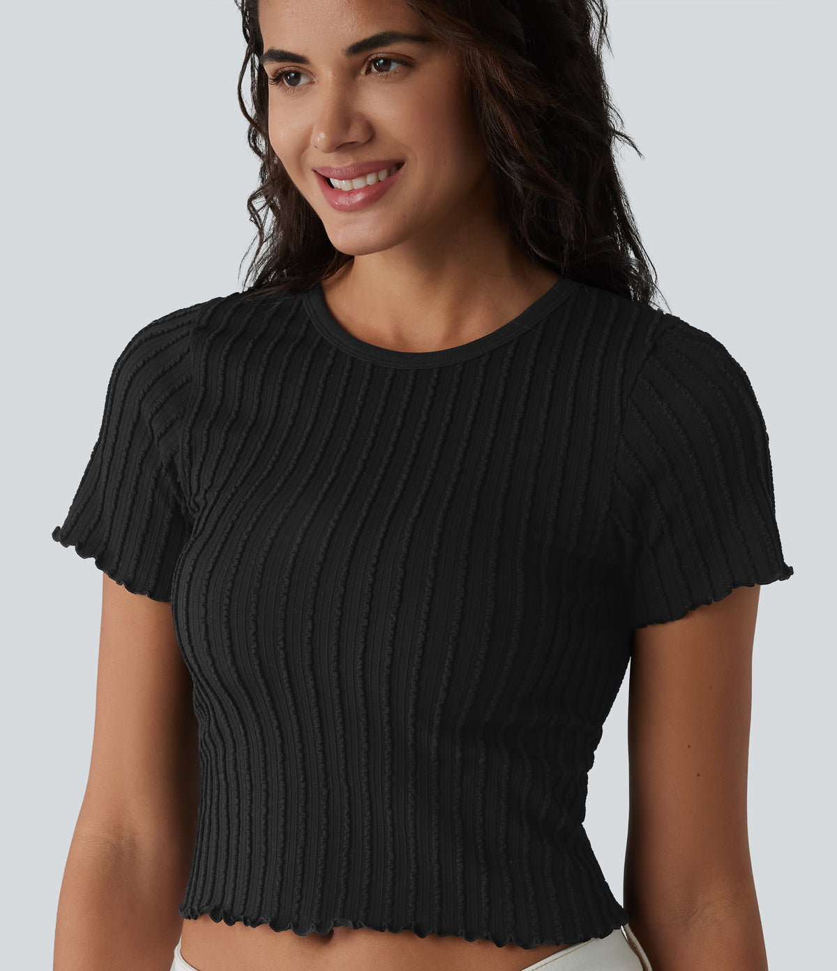 OneForm Seamless Flow Round Neck Short Sleeve Cropped Casual T-Shirt — Black — view 1