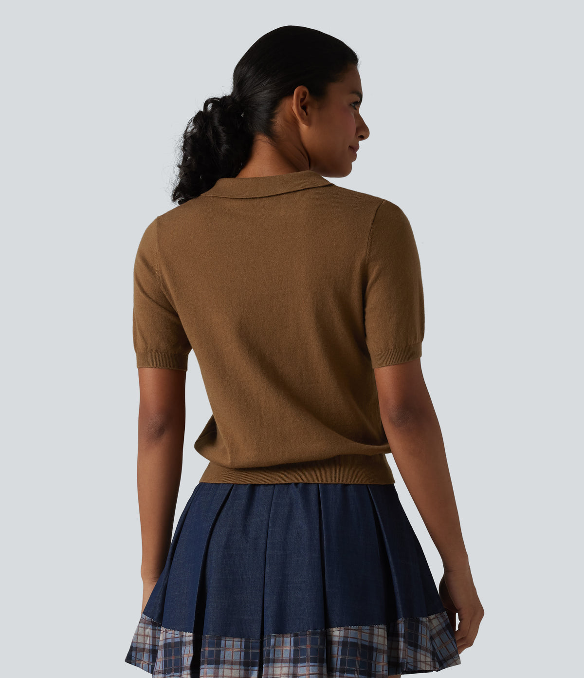 Polo Neck Short Sleeve Wool-Blend Casual Jumper — Toffee — view 2