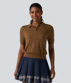 Polo Neck Short Sleeve Wool-Blend Casual Jumper — Toffee — view 4