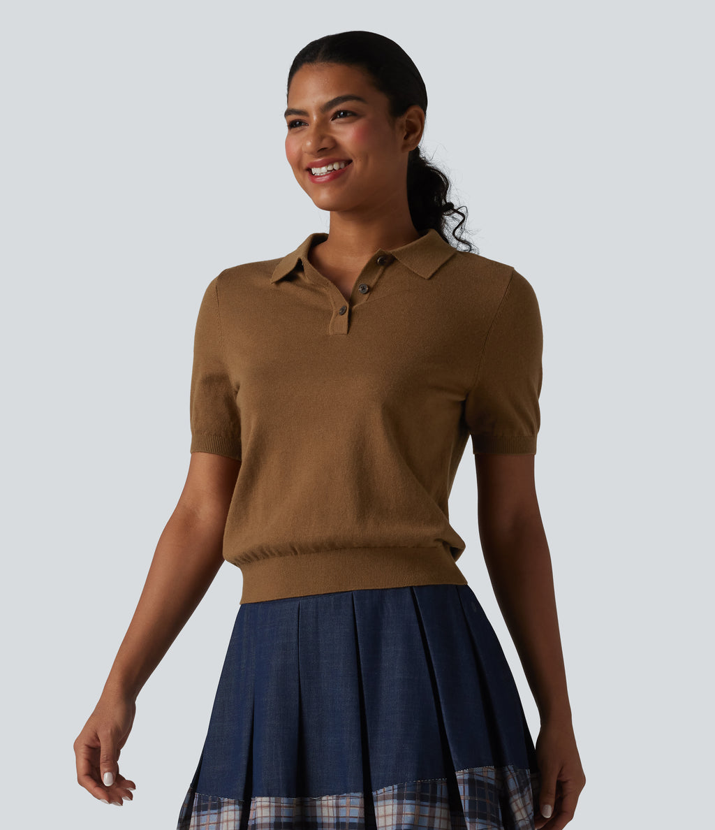 Polo Neck Short Sleeve Wool-Blend Casual Jumper — Toffee — view 3