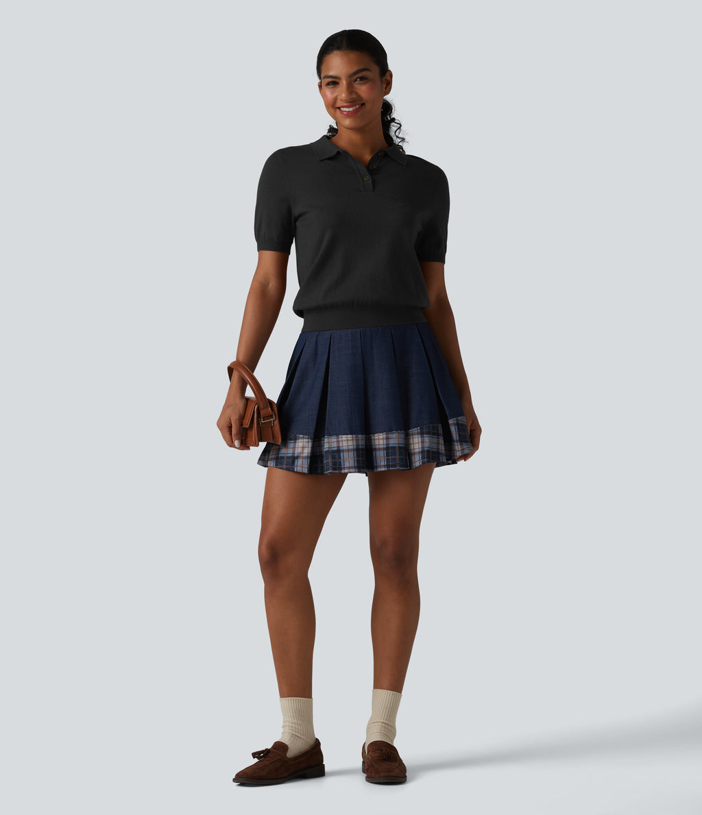 Polo Neck Short Sleeve Wool-Blend Casual Jumper — Black — view 6
