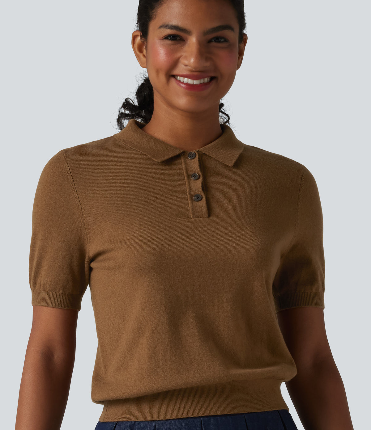 Polo Neck Short Sleeve Wool-Blend Casual Jumper — Toffee — view 5