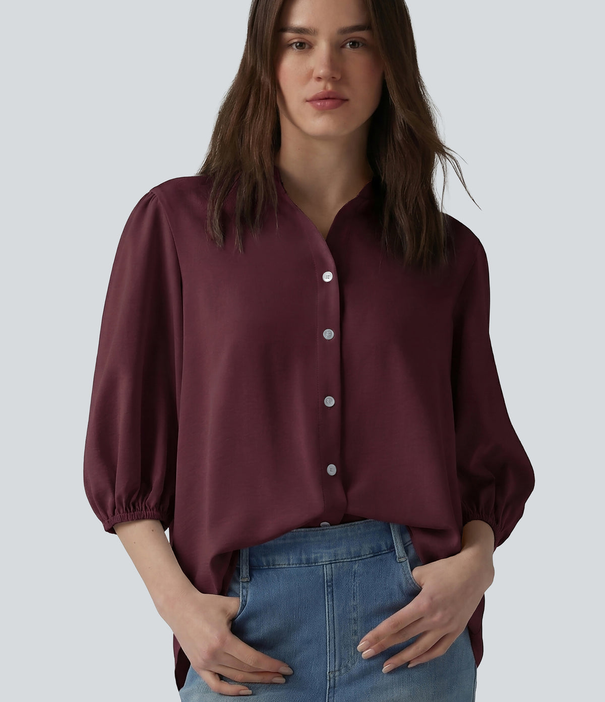 3/4 Puff Sleeve Casual Shirt — Windsor Wine — view 8