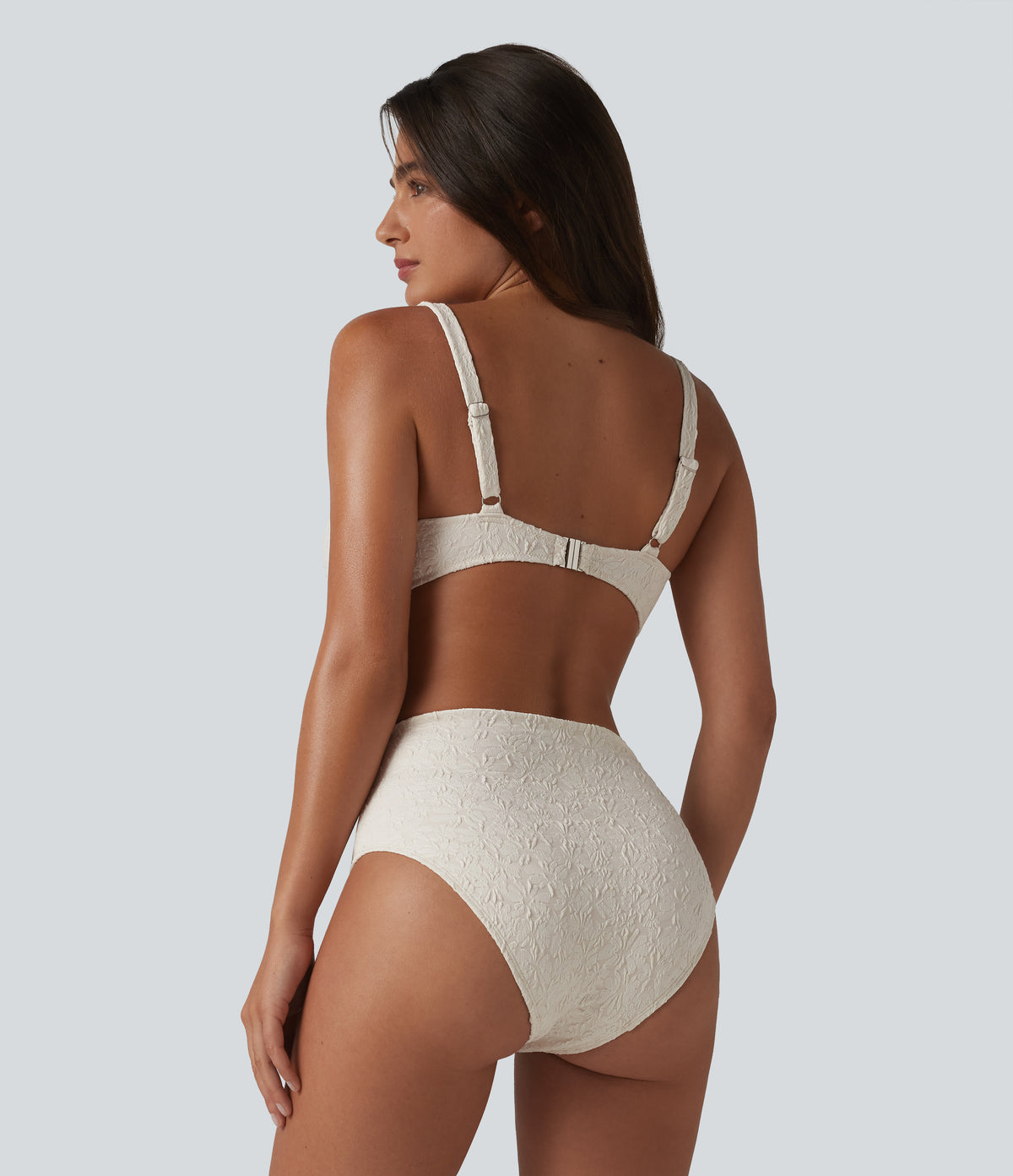 Adjustable Straps Twisted Ruched Tummy Control Jacquard Bikini Set — Bone White — view 2