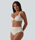 Adjustable Straps Twisted Ruched Tummy Control Jacquard Bikini Set — Bone White — view 3