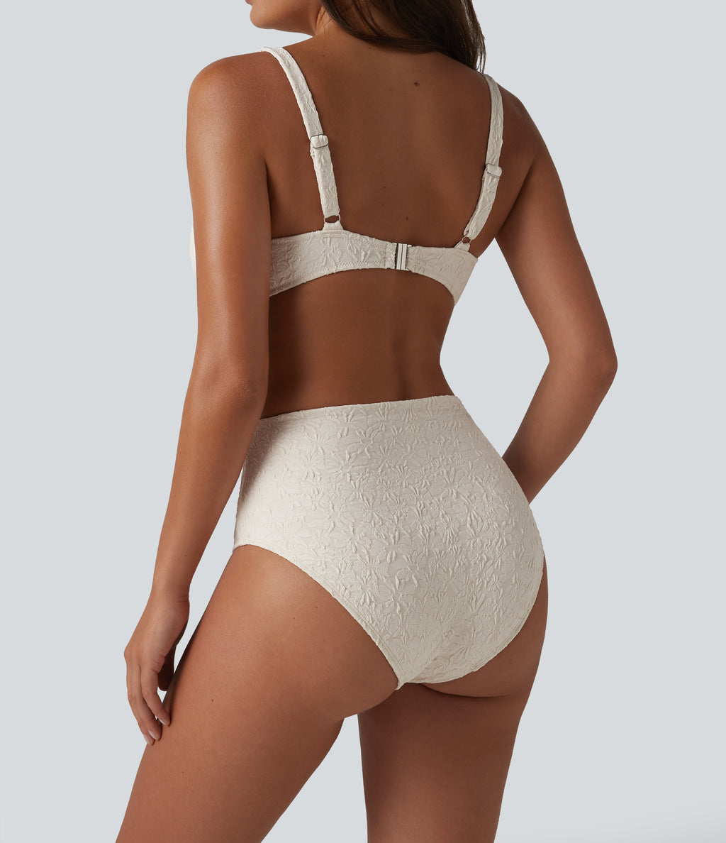 Adjustable Straps Twisted Ruched Tummy Control Jacquard Bikini Set — Bone White — view 5