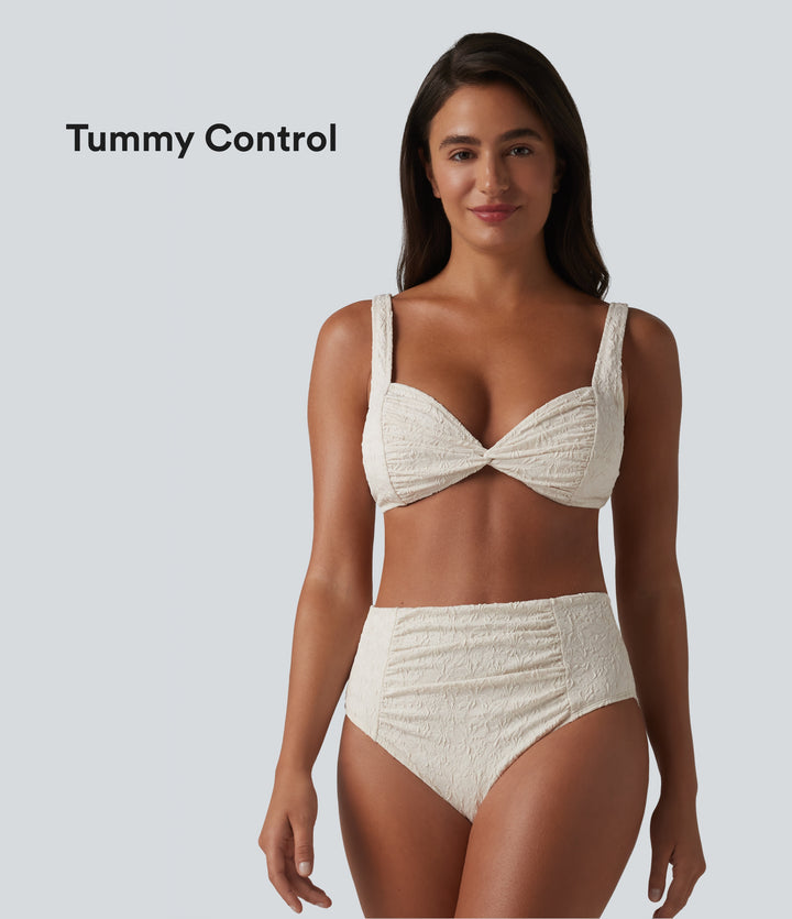 Adjustable Straps Twisted Ruched Tummy Control Jacquard Bikini Set — Bone White — view 1