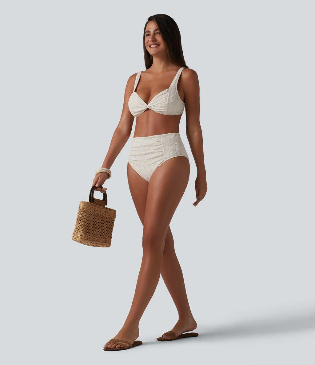 Adjustable Straps Twisted Ruched Tummy Control Jacquard Bikini Set — Bone White — view 6
